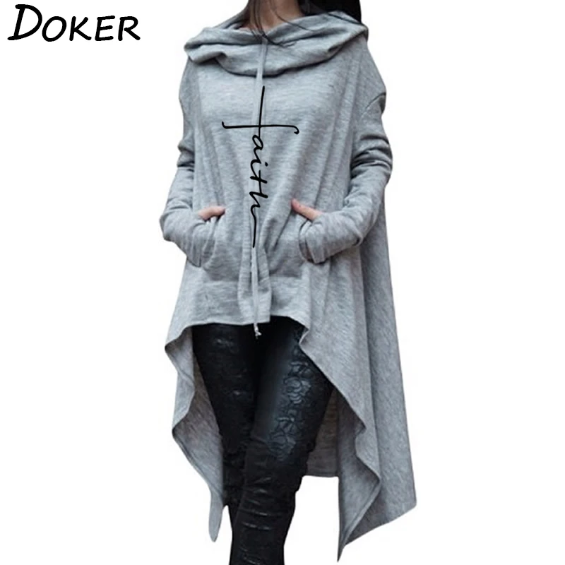 2019 New Faith Letter Embroidered Long Hoodies Women Long Sleeve Irregular Hem Pocket Sweatshirt Fe