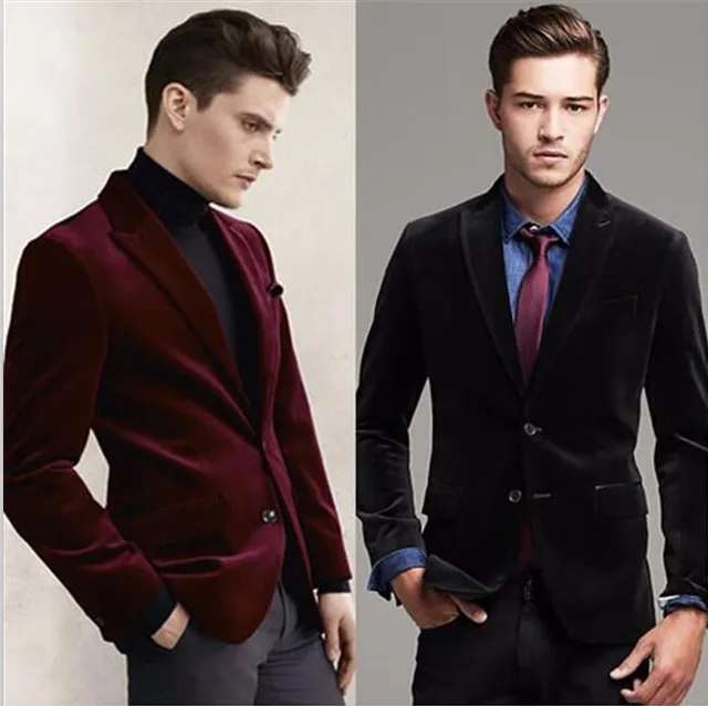 Men Suits Slim Fit Black Red Velvet Blazer Groom Tuxedos