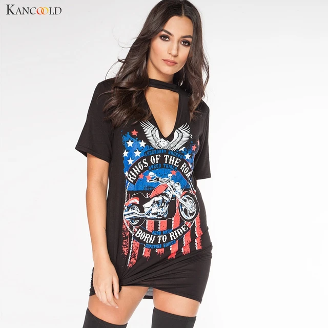 Vintage Punk Fille Rock Style Long T,shirt Femmes À Manches Courtes Mini Robe Aigle