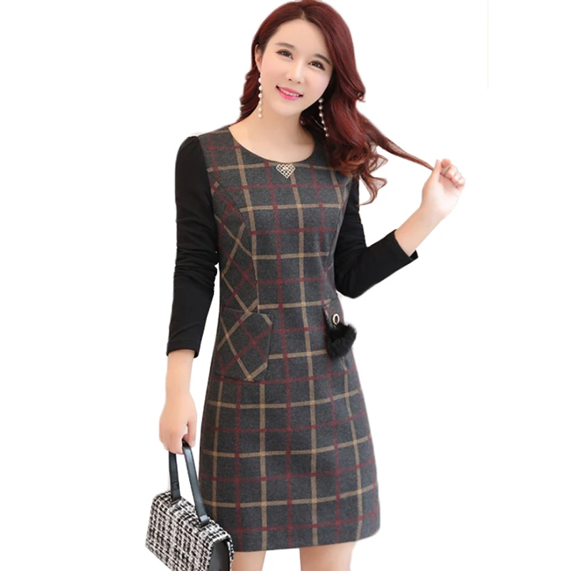 

Female Woolen Dress 2019 Winter Fashion Plaid Plus Velvet Warm Slim Plus Size 4XL Sexy Bag Hip Women Dresses Elegant Vestidos 69