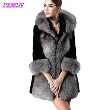 

Faux Fur coat for women 2018 autumn and winter silver fox Fur coat Plus size Black Mink Fur Splice top Thick warm Hooded jacket