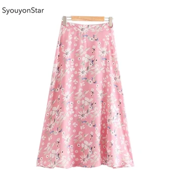 

SyouyonStar Pink A Line Skirts Women 2019 Summer midi skirt Floral High Waist korean skirt jupe femme