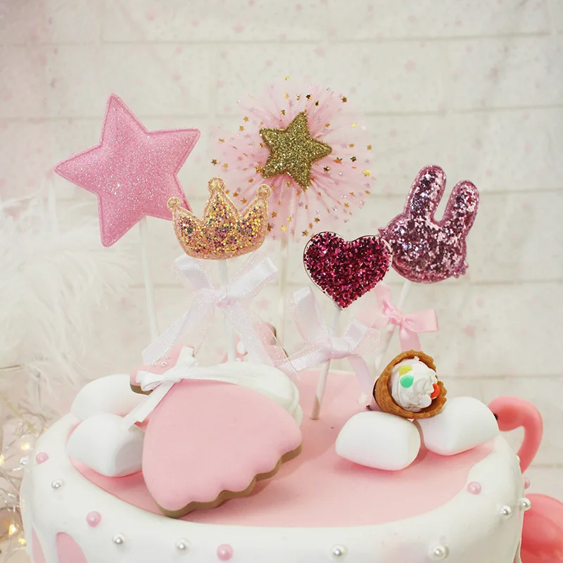 5pcs/lot Cake Topper Crown Star Love Heart Rabbit Cake Flag Baby Shower Birthday Wedding Party Cake Decor Sweety pink Flags