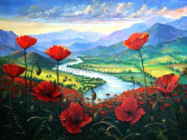 popy field river vally landscape oil painting