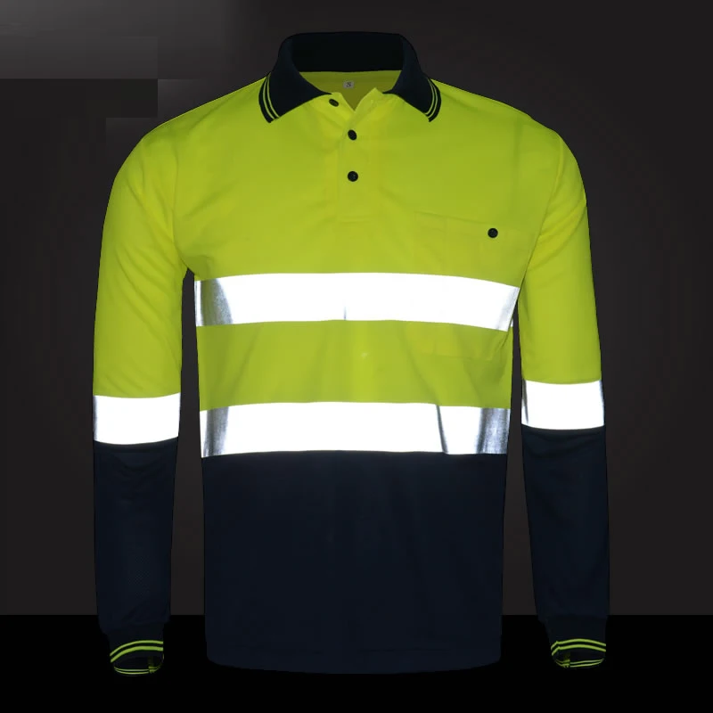 Reflective safety polo shirt yellow navy two tone working t-shirt long sleeves with heated bright silver reflective straps Reflective safety polo shirt yellow navy two tone working t-shirt long sleeves with heated bright silver reflective straps