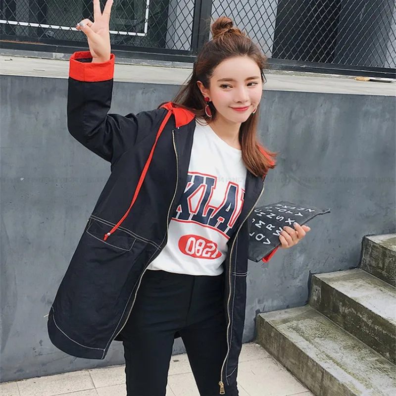 

Spring Autumn Women's Hooded Casual Loose Zipper Trench Fashion Coats Contrast Color Female Plus Size Windbreaker