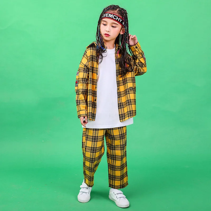 2019 New Children Hip-hop Street Dance Performance Costume Autumn Boys Girls Loose Jazz Dance Show Yellow Plaid Shirt Pants Set (9)