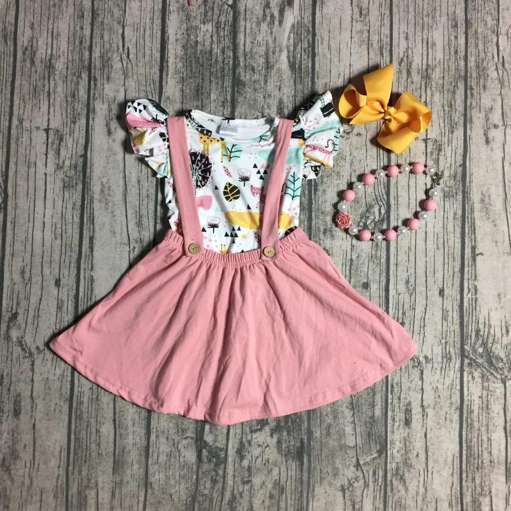 summer baby girls children clothes SUSPENDER SKIRT SET animals print ruffles dusty pink dress