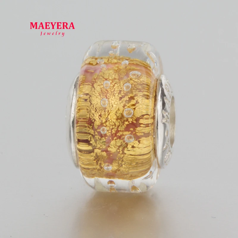 

MAEYERA Authentic 925 Sterling Silver Gold Foil Crack Pink Bottom Bubble Murano Glass Beads Fit European Charm Bracelet 920318