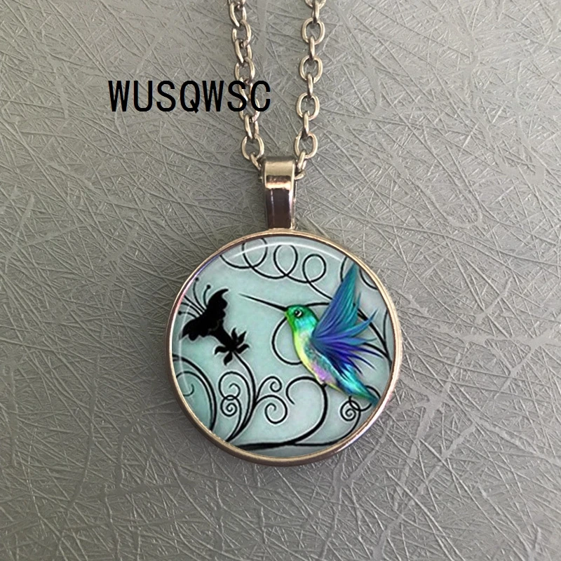 WUSQWSC New Blue Hummingbird Necklace Pendant Bird Jewelry Art Glass Cabochon | Украшения и аксессуары