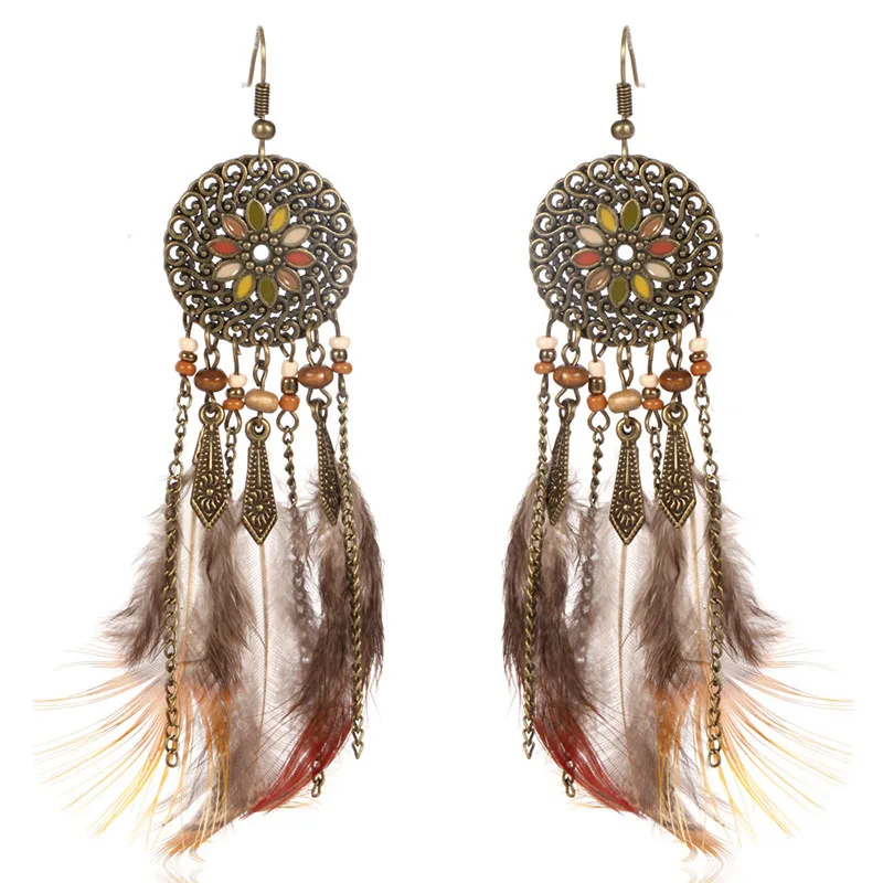 

Feather Earrings for Women Boucle d'oreille Femme Bijoux Metal Drop Earring with Bead Brincos Aretes Orecchini Pendientes HY7215