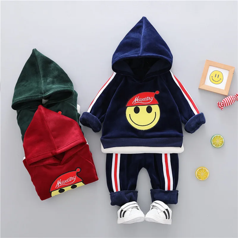 

Winter Baby Clothes Set Long Sleeve Fleece 1-3Y Cartoon Cartoon Boys Hooded sweatshirt+ velvet Pants Thick Warm Suits