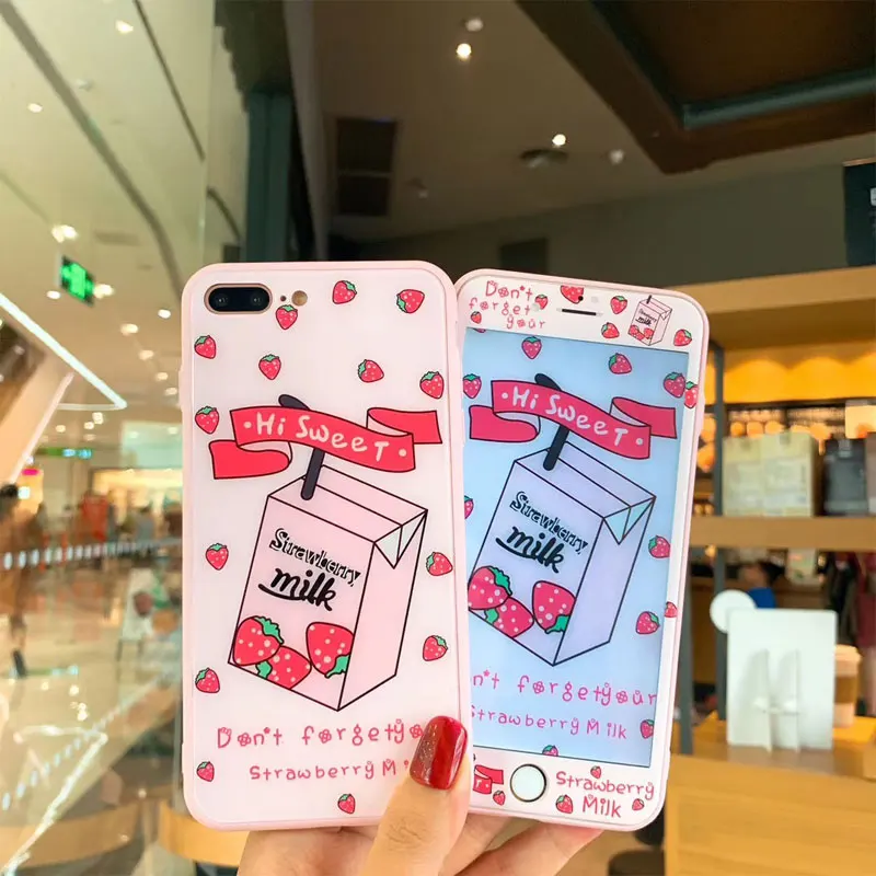 Glass Strawberry phone Case&Tempered Glass Screen film For iphone X Pink case for iphone XR XS Max 6 6s 7 8 plus Case Front film