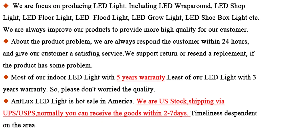We are focus on producing LED Light,including LED Wraparound,LED Shop Light,LED Floor Light,LED  Flood Light,LED Grow Light,LED Shoe Box Light,ect.we are always improve our products to provide more high quality for our c