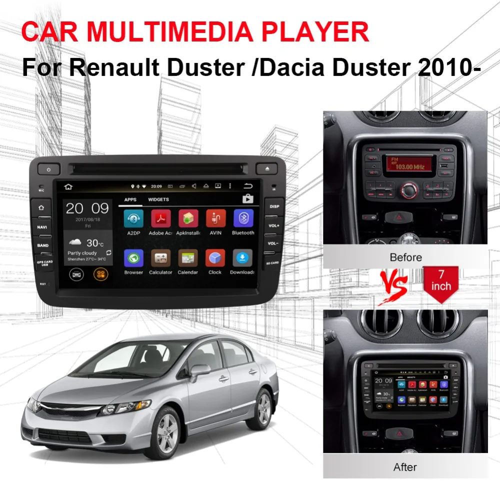 Clearance 7 Inch Android 8.0 Octa Core 4GB RAM Car Radio Stereo For Renault Duster Dacia Duster 2010- CD DVD Multimedia Player Bluetooth 4