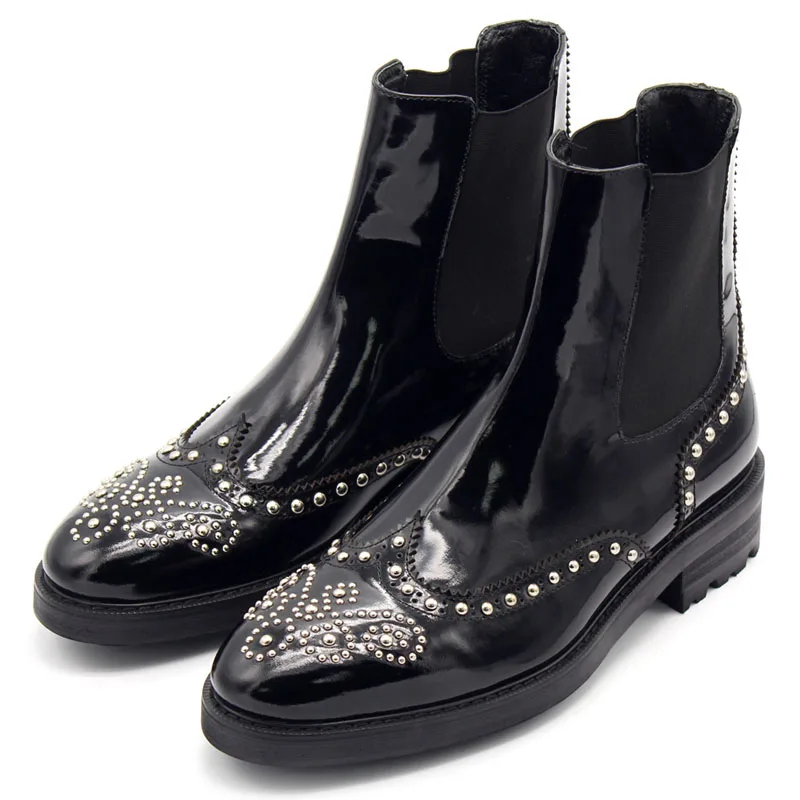 Chelsea Richelieu Luxe Biker Chaussures Hommes Cheville En Main Slip Hiver Rivet Bottes Réel De Perles Cuir Black Med Talons Vache Sur Punk SVpqUzM