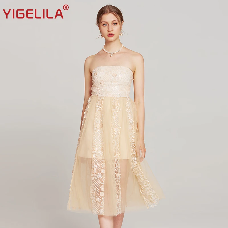 

YIGELILA Summer Women Strapless Party Dress Fashion Sexy Backless Empire Slim Mid Length Mesh Embroidery Princess Dress 63921