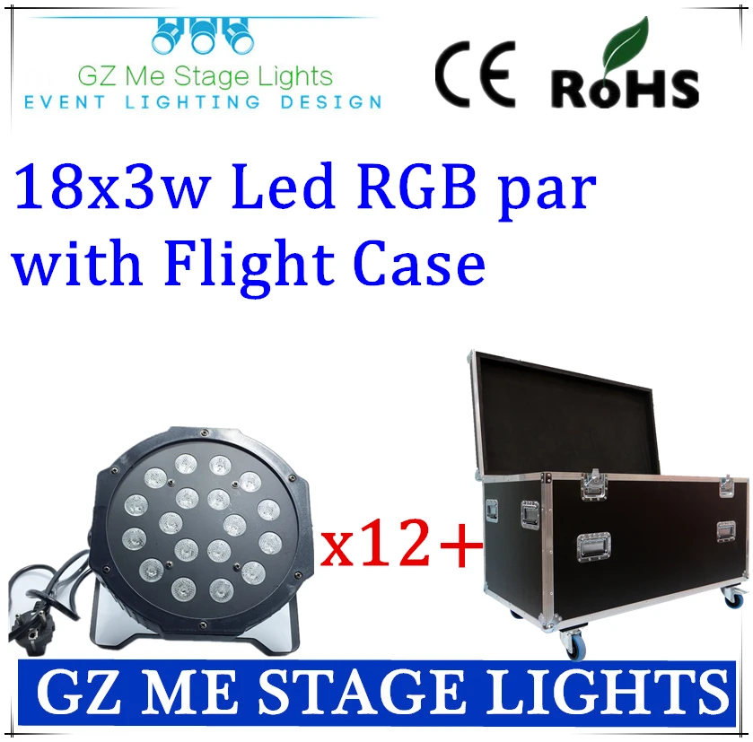 

12pcs 18x3W 54W with flight case 110-230V High Power RGB Par Lighting With DMX 512 Master Slave Led Flat DJ Auto-Controller