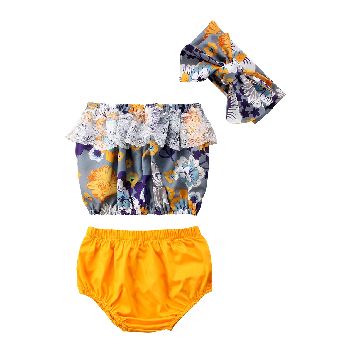 

3PCS Pudcoco Baby Girl Lace Tops Off Shoulder T-shirt Solid Shorts Outfits Clothes Set Baby Girl Set Clothes