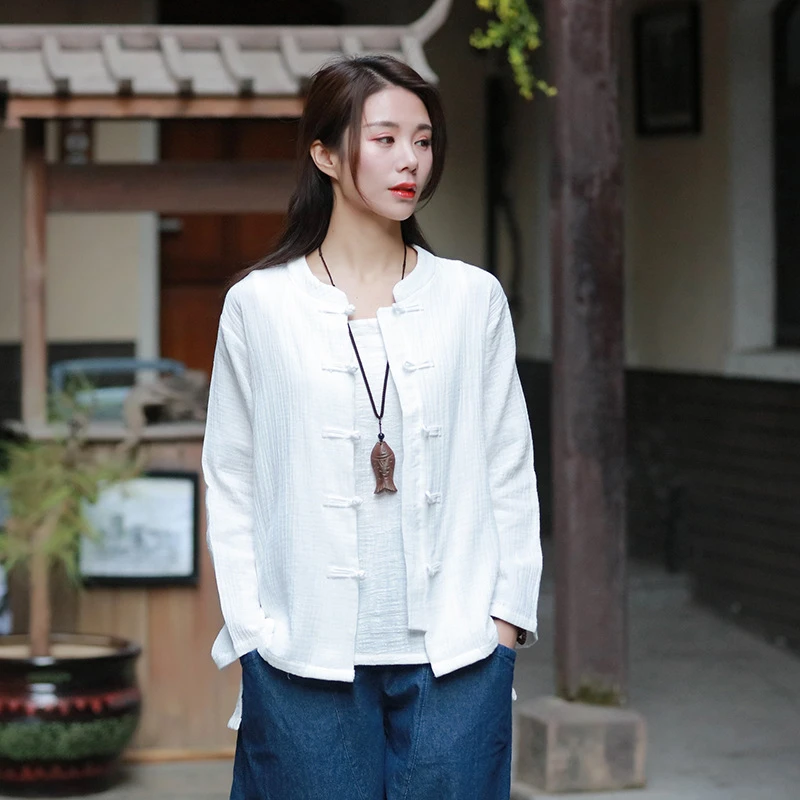 Johnature 6色女性シャツ綿リネンスタンド長袖ボタンブラウス21春の新中国風トップ無地シャツ Shirt Aliexpress