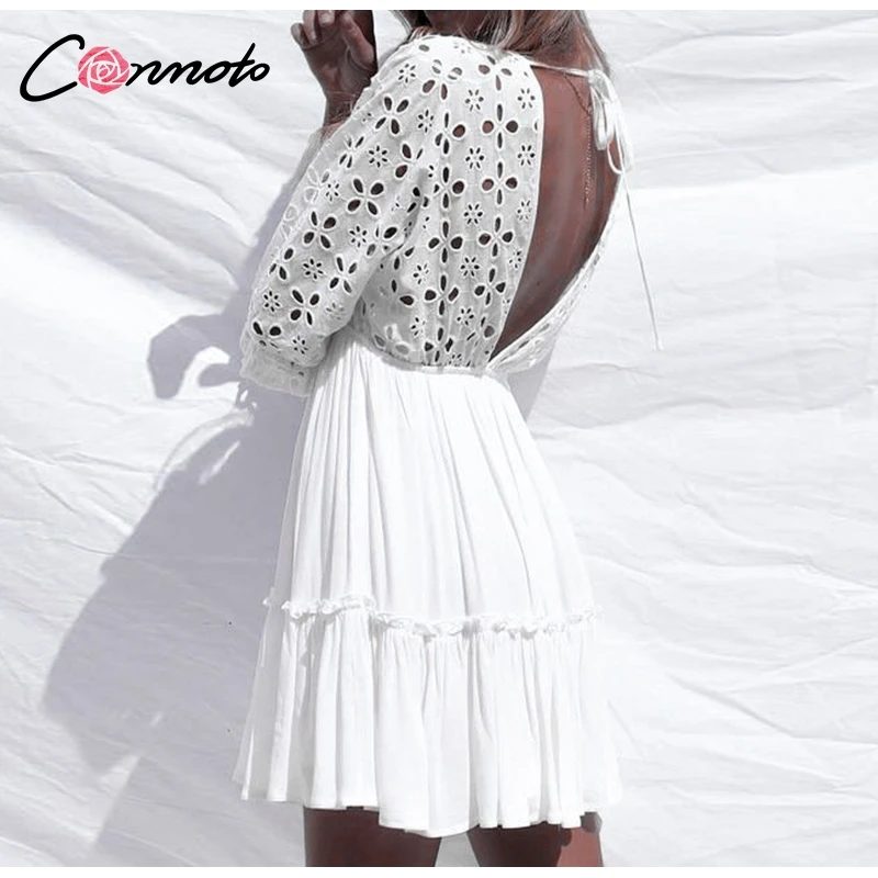 Conmoto элегантное винтажное кружевное короткое платье, женское сексуальное Белое летнее платье с v-образным вырезом, хлопковое открытое повседневное праздничное платье Vestidos