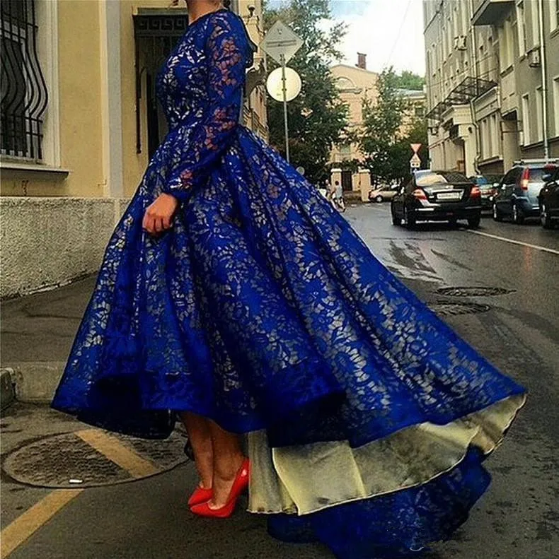 

Blue Muslim Evening Dresses 2019 Ball Gown Long Sleeves Lace Hi Low Islamic Dubai Saudi Arabic Long Formal Evening Gown Prom