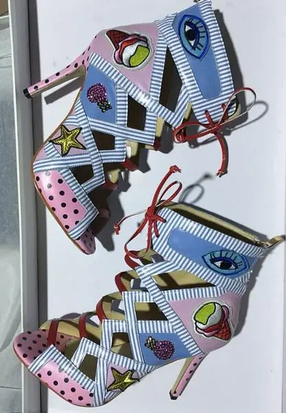 

Hot Sale Mixed Color Cartoon Printing High Heel Boot Sexy Peep Toe Fashion Polka Dot Lattice Lace-up Sandals Ankle Strap Boot