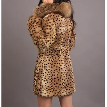 Коричневое леопардовое пальто из кроличьего меха Верхняя одежда парка пальто с большим воротником из меха енота размера плюс на заказ