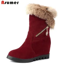 Asumer; большие размеры 32-44; зимняя женская обувь; Уникальные теплые зимние сапоги на толстом меху; полусапожки на платформе, увеличивающие рост, с круглым носком