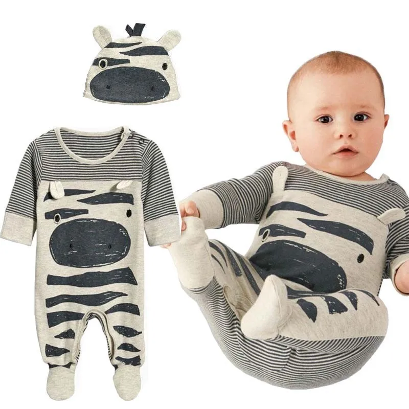 2017 Autumn New Fashion baby boy clothes set cows cute gray striped baby rompers+hat 2pcs newborn baby clothing set
