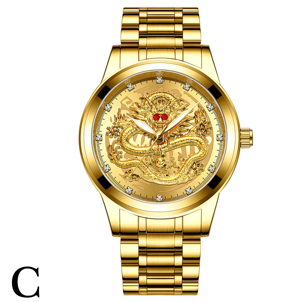 Fenzun тисненые золотые мужские часы с драконом мужские водонепроницаемые немеханические часы мужские модные часы с бриллиантовым рубиновым драконом