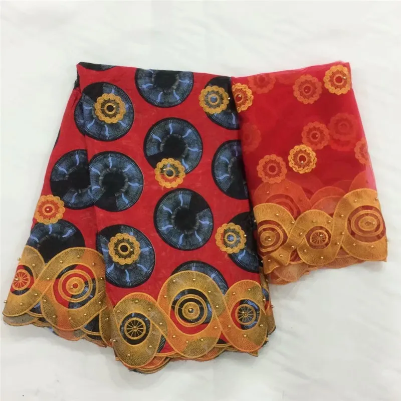 

Bazin Riche Brode Red Circle Style With 5+2Yards Net Blouse Beaded Embroidery Guipure Fabric African Beads Lace For PARTY B94-2