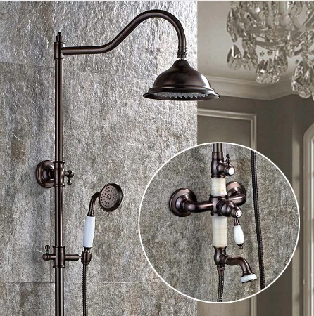 Luxury Jade Deco Oil Rubbed Bronze Bath Rainfall Shower Faucet Set Tub Tap with Hand Spray wall Mounted Bath & Shower Faucet