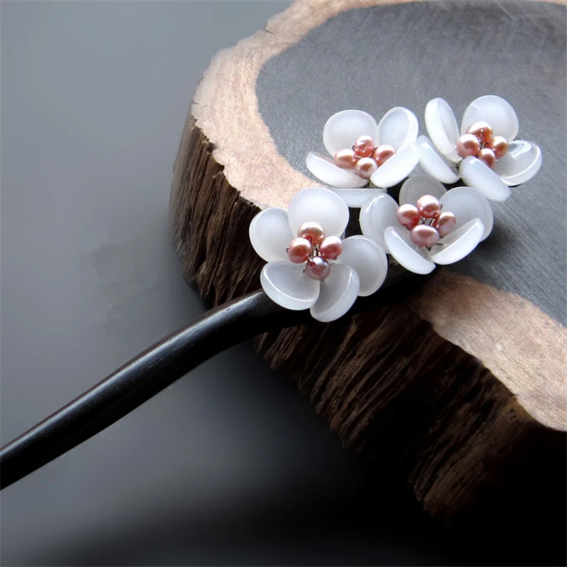 Эбеновая палочка для волос пресноводный жемчуг Лазурный камень цветок палочки шпилька для волос китайские ювелирные изделия винтажные деревянные аксессуары для волос WIGO0791