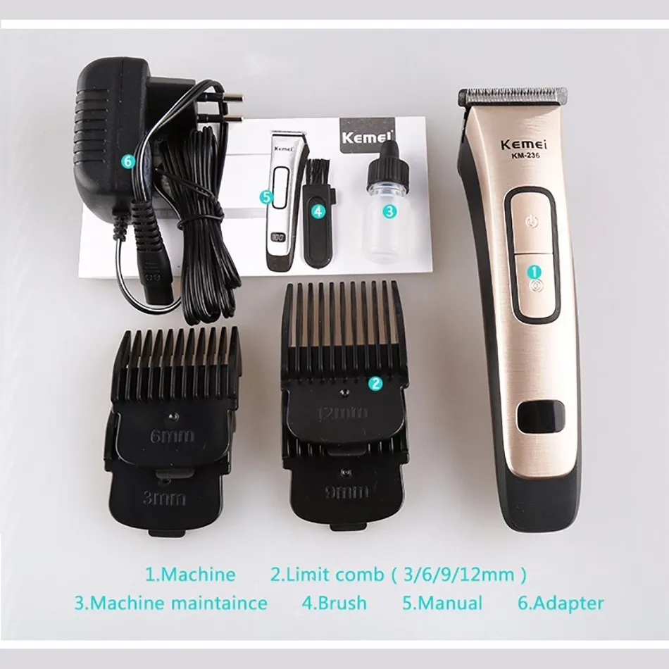 Электрическая машинка для стрижки волос, перезаряжаемый триммер для волос, Универсальное напряжение 1,5 час, быстрая зарядка, машинка для стрижки волос,, Kemei-236