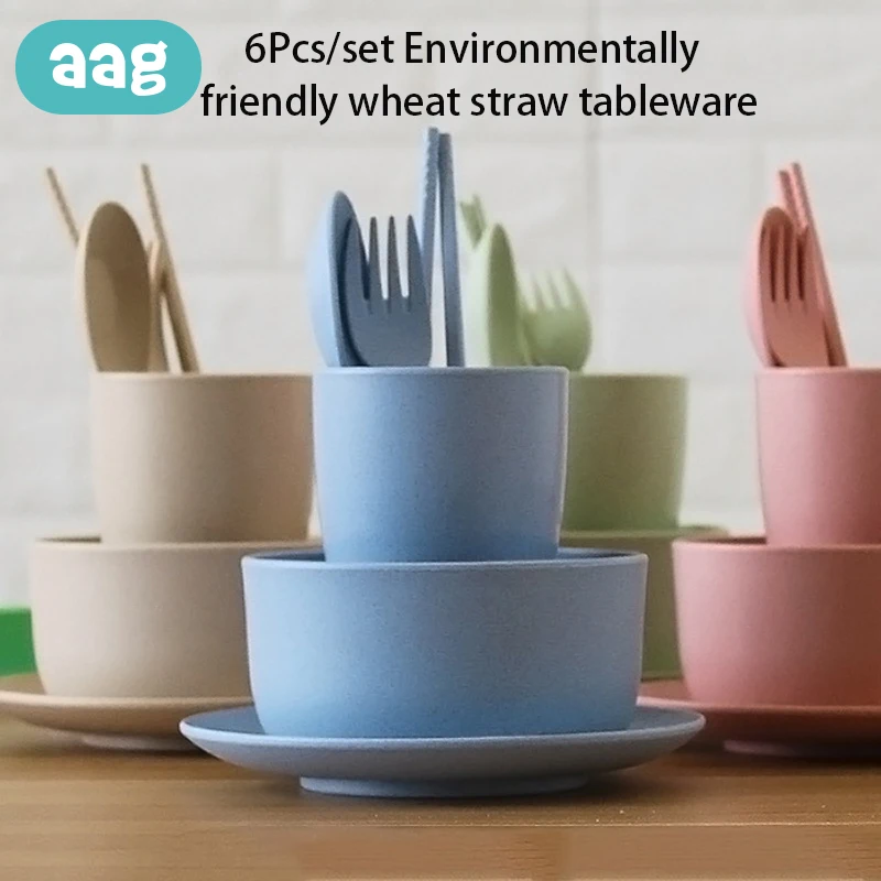 

AAG 6Pcs/set Wheat Straw Baby Tableware Children Food Dish Bowl Feeding Infant Learning Dinnerware Spoon Chopsticks Fork Cup 20