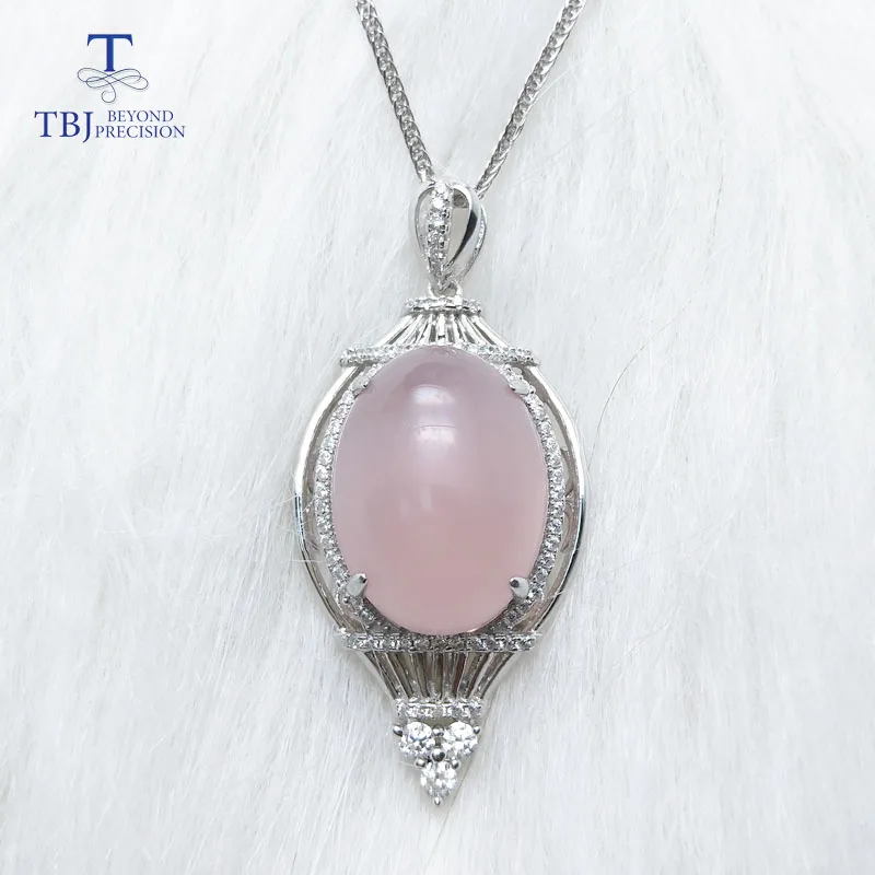 

TBJ,BIG natural gemstone with natural rose agate oval 15*20mm 20ct agte pendant with chain in 925 silver for lady with gift box