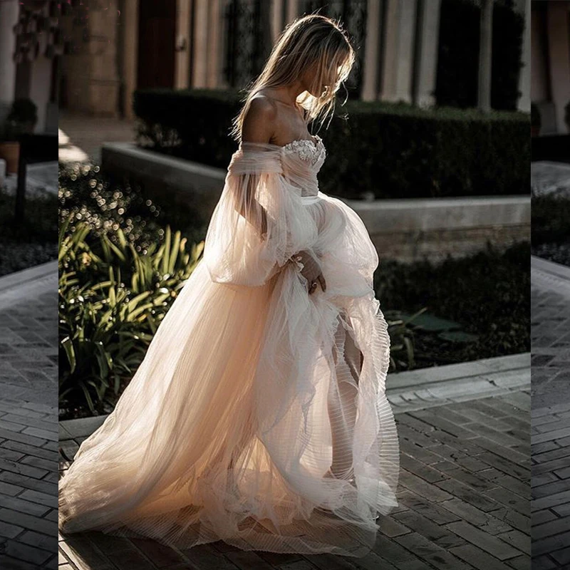 

Stunning Full Tulle Skirt Wedding Dresses 2019 Romantic Lantern Sleeve Fairytale Countryside Bridal Gowns Wedding Vestidos
