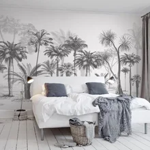 Обои Черный Белый эскиз листья тропических растений Фреска тропический лес кокосовое дерево скандинавские обои для ТВ диван фон 3d обои