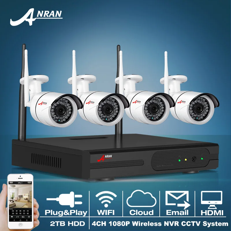 1080P 4ch WIFI NVR CCTV System HD 4pcs 2.0MP Outdoor WIFI IP Camera Security CCTV camera wireless Video Surveillance Kit 2TB HDD