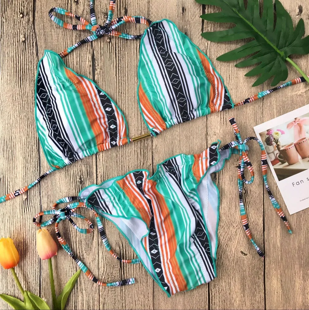 Women Brazilian Swimwear Bikini Retro Two Pieces Swimming Suit Colorful