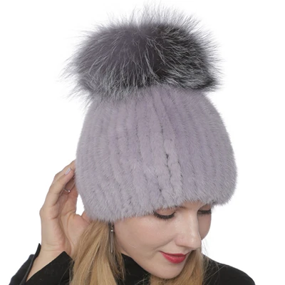 Bravalucia, женская зимняя шапка из меха норки, тканая, большого размера, из лисьего меха, с помпоном, эластичная, для улицы, вязаные шапки, женские шапки-бомберы - Цвет: gray