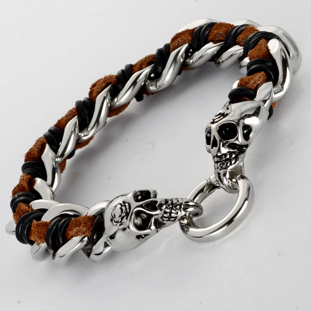Men stainless steel leather skull bracelet 316L biker heavy jewelry