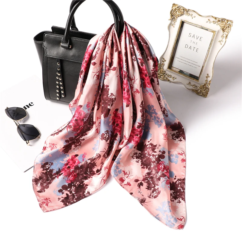 

Women Silk Scarf Square Foulard Neckerchief Elegant Flower Print Headband Lady Hand Scarfs Femme Small Hijab 2019 New