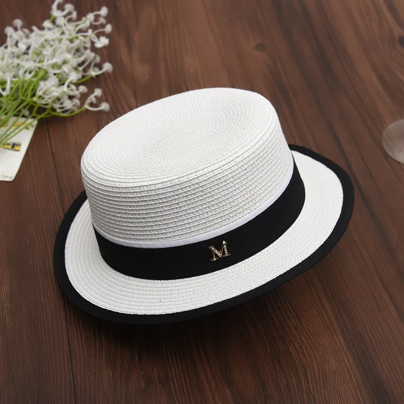 Elegant Women Fedora Hat Flat Top Hat Church Hats Black Ribbon Band Letter M Leisure Party