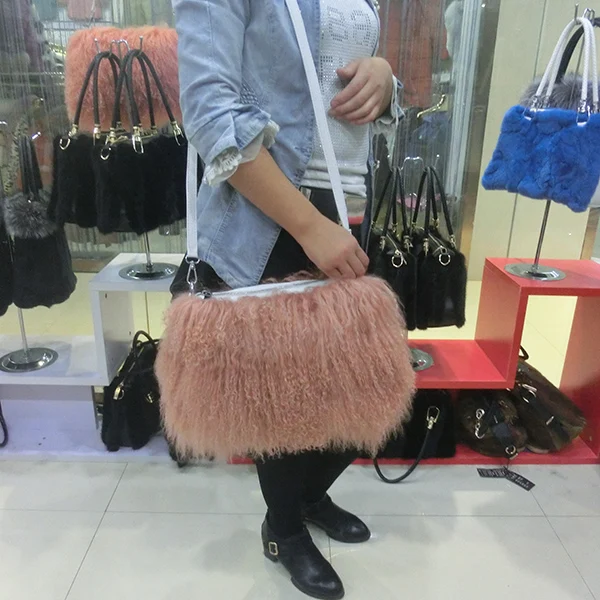 Fashionable Long Hair Curly Mongolian Lamb Fur Handbag Real Tibetan Fashionable Long Hair Curly Mongolian Lamb Fur Handbag Real Tibetan Sheep Cross Body Bag Genuine Goat Shoulder In From Home Garden On