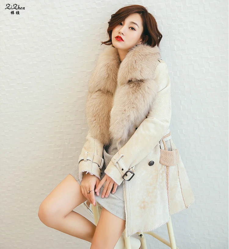 Winter Women's Double-faced Fur Real Lamb Fur Kid Suede Coats Natural Fox Fur Collar Long Jacket The Coat Promotion 180629-1