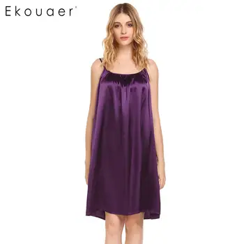 

Ekouaer Sexy Nightgown Sleepwear Women Summer Nightdress Solid Sleeveless Ruched Slip Nightshirt Chemises Nightwear Dress
