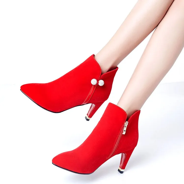 

The suede side zipper fastener diamond tip Dichotomanthes about female high-heeled boots Martin short boots new spring
