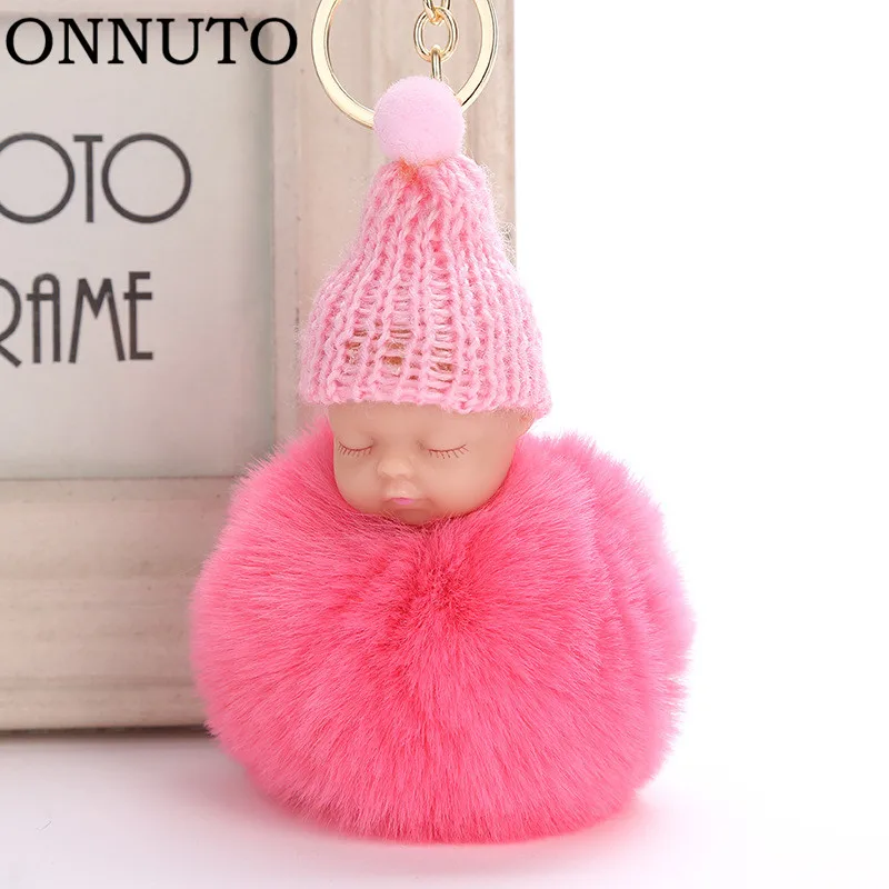 

Hot Sell Cute Sleeping Baby Doll Key Chain Faux Rabbit Fur Keychain Fluffy Pom Pom Keyring Bag Car Trinket Women Gift